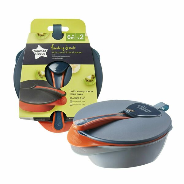 Tommee Tippee Misky s čajovou lžičkou a šedou/oranžovou čepicí 6 měsíců+ 2 ks porovnat ceny
