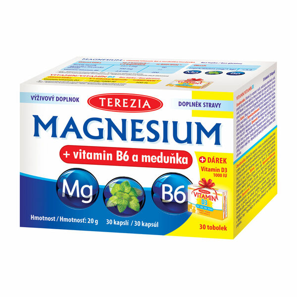 Terezia Magnesium a vitamin B6 a meduňka 30 kaplsí + Dárek Vitamin D3 1000 IU 30 tobolek porovnat ceny