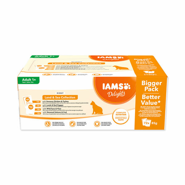 IAMS Delights Mořské a suchozemské maso v omáčce kapsičky multipack 72x85 g porovnat ceny